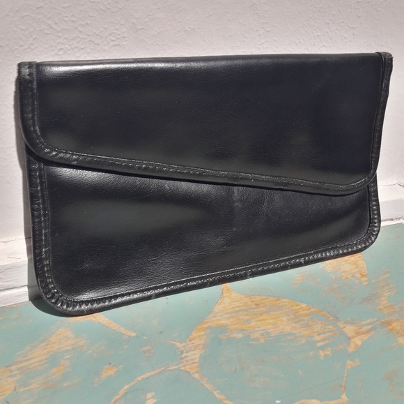 Vintage Leather Bag Built-in Brass Mirror Vinyl Clutch Purse Vtg 1960s 70s Case - Picture 8 of 16